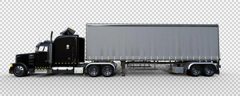 Side view 3D rendering of a large black and grey articulated freight truck is Stock Illustration