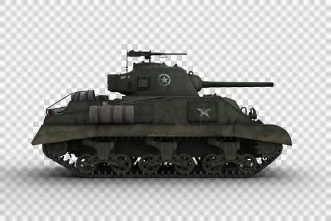 Side view 3D rendering of a military tank isolated on transparent background. Stock Illustration
