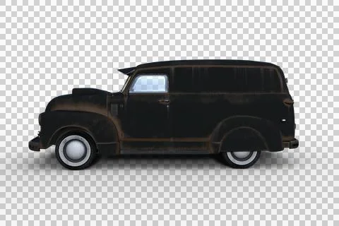 Side view 3D rendering of an old black retro American panel van isolated on t Illustrazione stock