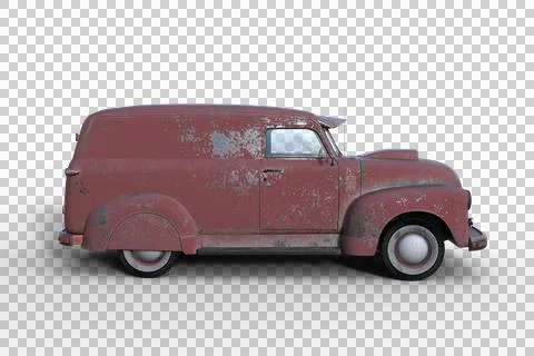Side view 3D rendering of an old vintage American panel van with faded and pe Stock Illustration