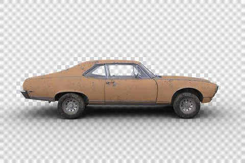 Side view 3D rendering of an old retro American muscle car with rusty yellow  Stock Illustration