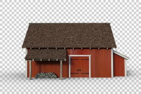 Side view 3D rendering of a red wooden barn isolated on a transparent backgro Stock Illustration