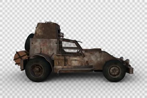 Side view 3D rendering of a rusty post apocalyptic concept car isolated on tr Stock Illustration