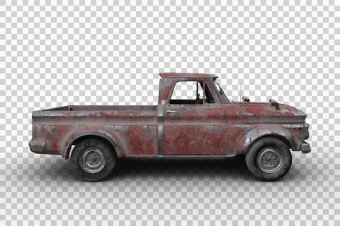 Side view 3D rendering of a rusty old vintage red pickup truck isolated on tr Stock Illustration