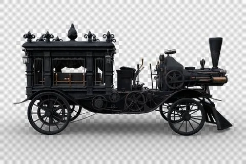 Side view 3D rendering of a Steampunk Halloween concept steam powered hearse  Stock Illustration