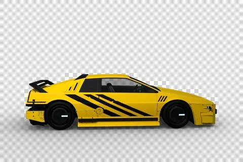 Side view 3D rendering of a yellow and black cyberpunk style futuristic car i Stock Illustration