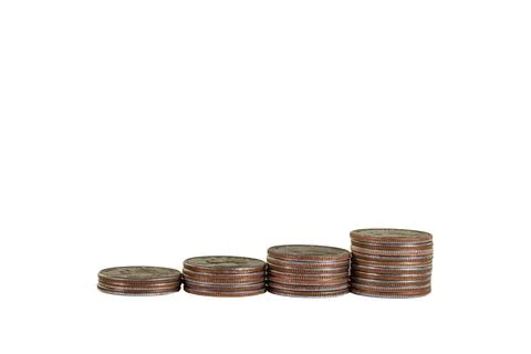 Side view of 4 stacks of US quarters Stock Photos