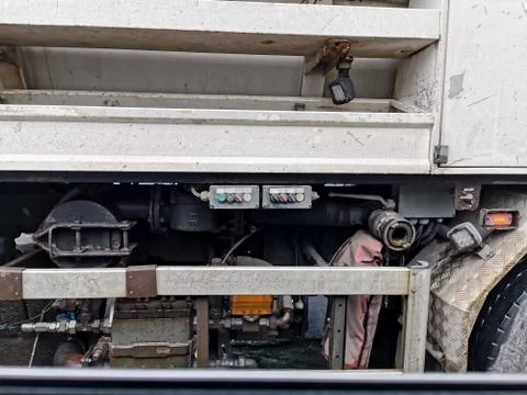 Side view of all the internal controls of a heavy construction site truck Stock Photos