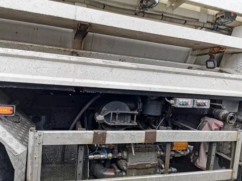 Side view of all the internal controls of a heavy construction site truck Stock Photos