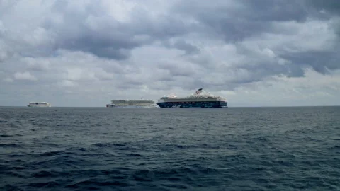 Side view of an anchored ocean liner sailing in the Atlantic ocean. Stock Footage 154334483