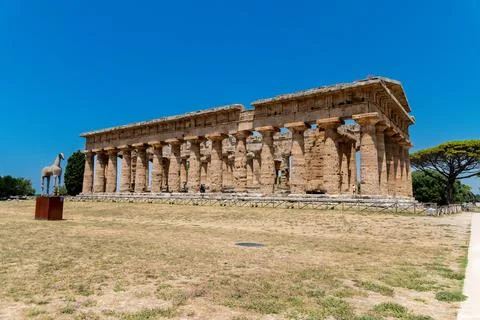 Side view of ancient stone temple with columns 스톡 사진