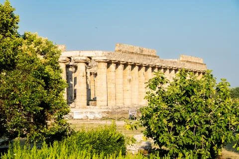 Side view of ancient temple at Paestum archaeological site Stock Photos