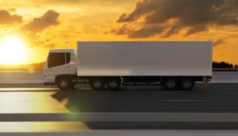 Side view angle of cargo truck on the road at sunset 스톡 일러스트