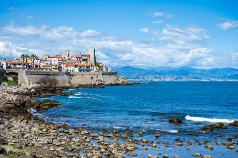 Side view to Antibes from the beach Stock Photos