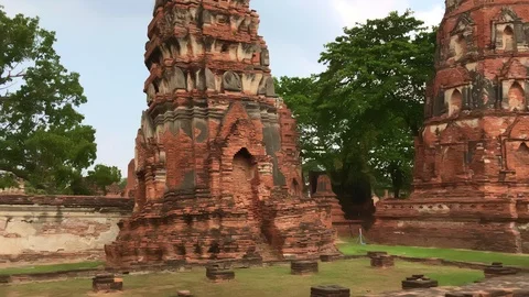 Side view of archaeological site of Ayutthaya historical park with stone walls Stock Footage 125522724