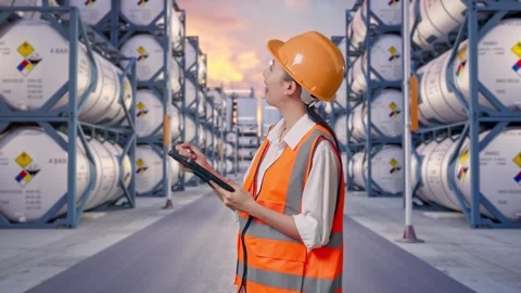 Side View Of Asian Female Engineer Taking Note On The Tablet with Chemical Tanks Stock Footage 340840496