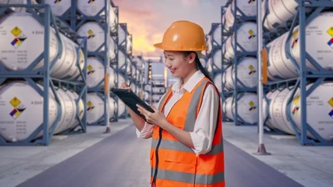 Side View Of Asian Female Engineer Taking Note On The Tablet with Chemical Tanks Stock Footage 340840538
