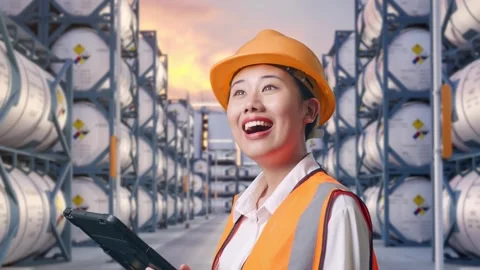 Side View Of Asian Female Engineer Looking At The Tablet In Her Hand Stock Footage 340842157