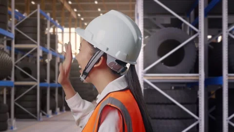 Side View of Asian Female Engineer Waving Hand Saying Bye While Walking at Tire Stock Footage 341784799
