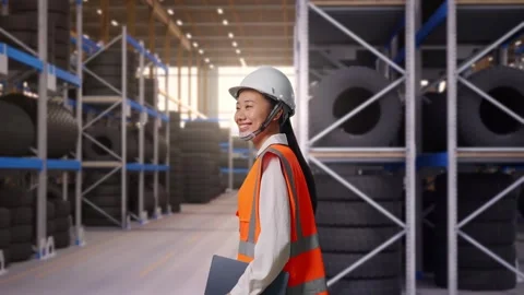 Side View of Asian Female Engineer Holding Tablet While Walking at Tire Stock Footage 341784904