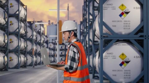 Side View of Asian Male Engineer Use Computer While Walking with Chemical Tanks Stock Footage 340826670