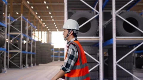 Side View of Asian Male Engineer Holding Tablet While Walking at Tire Warehouse Stock Footage 341783735