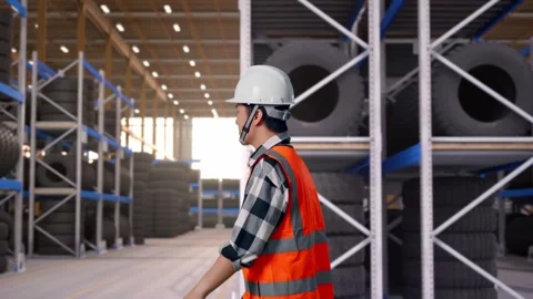 Side View of Asian Male Engineer Waving Hand Saying Bye While Walking at Tire Stock Footage 341783848