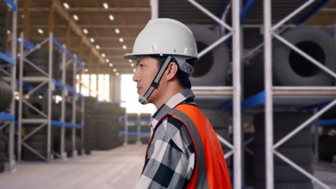 Side View of Asian Male Engineer Waving Hand Saying Bye While Walking at Tire Stock Footage 341783991