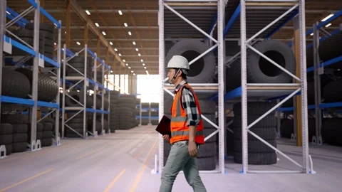 Side View of Asian Male Engineer Holding Tablet While Walking at Tire Warehouse Stock Footage 341784468