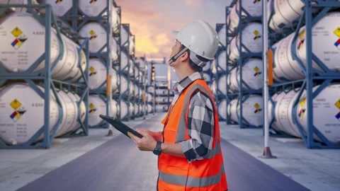 Side View Of Asian Male Looking At The Tablet In His Hand with Chemical Tanks 库存影片 340834865