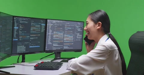 Side View Of Asian Woman Developer Talking On Mobile Phone While Write Code Stock Footage 231168055
