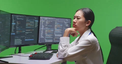 Side View Of Asian Woman Developer Thinking While Write Code With Multiple Stock Footage 231168690