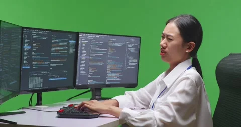 Side View Of Asian Woman Developer Having Backache While Write Code With Stock Footage 231170606