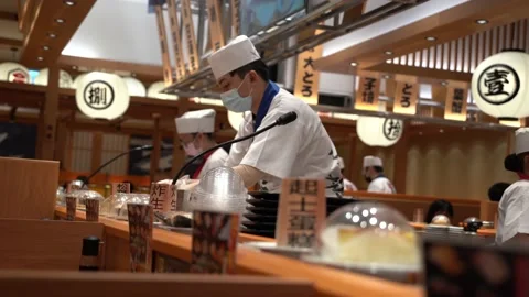 Side View of Authentic Japanese Style Gatten Sushi Train Restaurant at Video stock 155488745