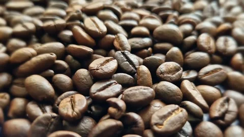 Side view of a background representing halves of dark brown coffee beans Video stock 252137287