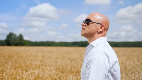 Side view of bald man going and singing in the golden wheat field. Medium shot. 스톡 동영상 113873940