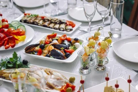 Side view of a banquet table. Stock Photos