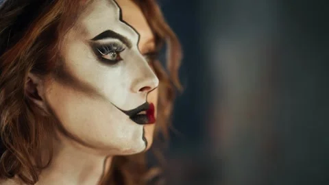 Side view of beautiful female face with fantasy makeup, portrait, movie cosplay Video stock 295198008