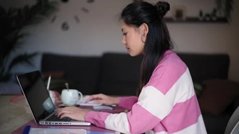 Side view beautiful young Asian woman turning and posing cheerful looking at Stock Footage 256844726