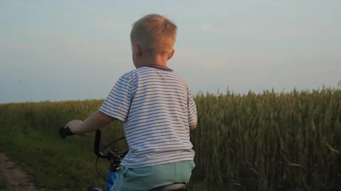 A side view from behind of a boy who is learning to ride a bike on a field Stock Footage 247795243