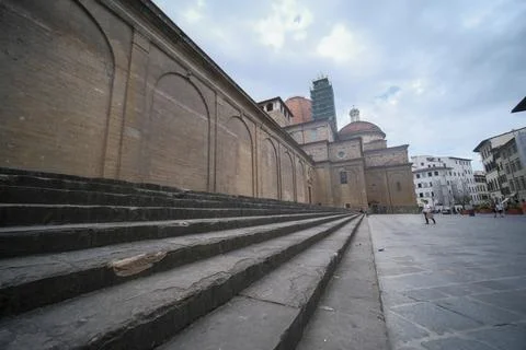 Side view from below from the steps of the Basilica of San Lorenzo Stock Photos