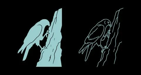 Side view of a bird perching on a tree trunk in silhouette and outline Stock Illustration