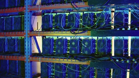 Side View of Bitcoin Mining Rack Rows Stock Footage 311563982