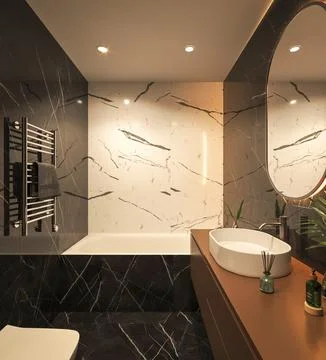 Side view of black marble and luxury bathroom interior design with bright brown Stock Illustration