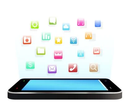 Side view of black smartphone with floating application icon Illustrazione stock
