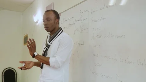 Side view of black teacher explaining material to class standing near white Stock Footage 113544272