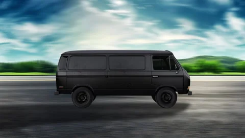 Side view of a Black Van driving on highway at high speed, mountain background. Stock Footage 332315267