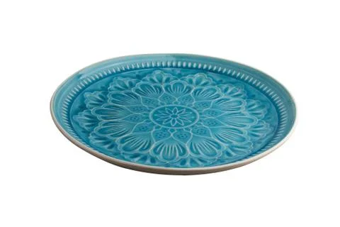 Side view of blue empty plate on isolated, white background. 스톡 사진