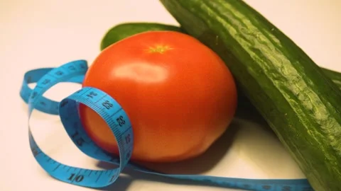 A side view of blue measuring tape and fresh vegetables on a wooden cutting Stock Footage 276321256