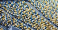 Side View Blue Yellow White Colorful Empty Stadium Seats Spectators Nobody Stock Footage